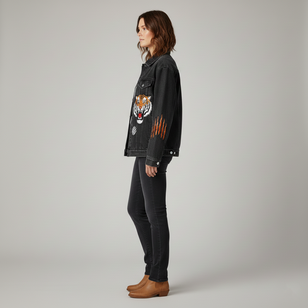 Women's denim jacket with tiger print patch