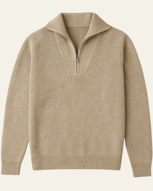 Pull col haut demi-zip côtelé beige pour homme