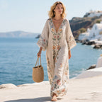 Women's Botanical Print Maxi Caftan with Beaded V-Neckline