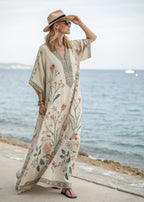 Women's Botanical Print Maxi Caftan with Beaded V-Neckline