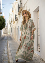 Women's Botanical Print Maxi Caftan with Beaded V-Neckline