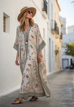 Women's Botanical Print Maxi Caftan with Beaded V-Neckline