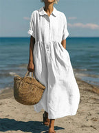 Women's Long Shirt Dress with Pleated Bodice and Collar