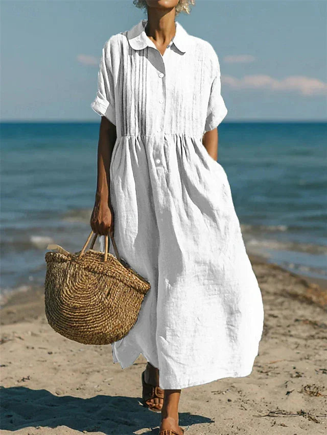 Women's Long Shirt Dress with Pleated Bodice and Collar