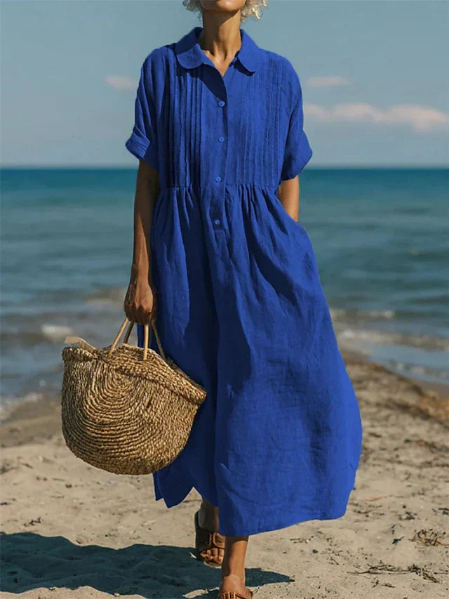 Women's Long Shirt Dress with Pleated Bodice and Collar