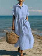 Women's Long Shirt Dress with Pleated Bodice and Collar