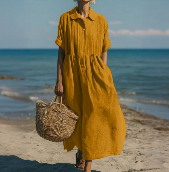 Women's Long Shirt Dress with Pleated Bodice and Collar