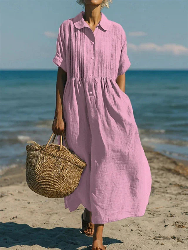 Women's Long Shirt Dress with Pleated Bodice and Collar