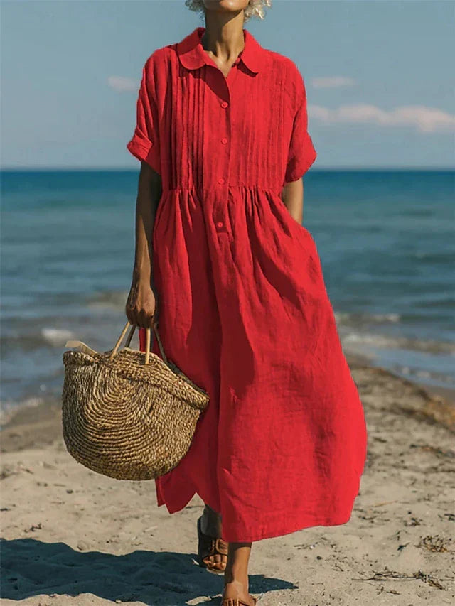 Women's Long Shirt Dress with Pleated Bodice and Collar