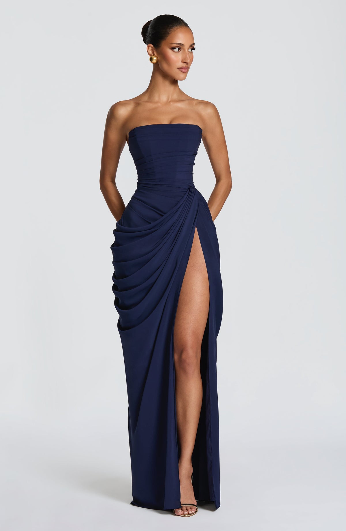 Women's Strapless Maxi Dress with High Slit and Draped Detail