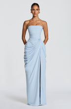 Women's Strapless Maxi Dress with High Slit and Draped Detail