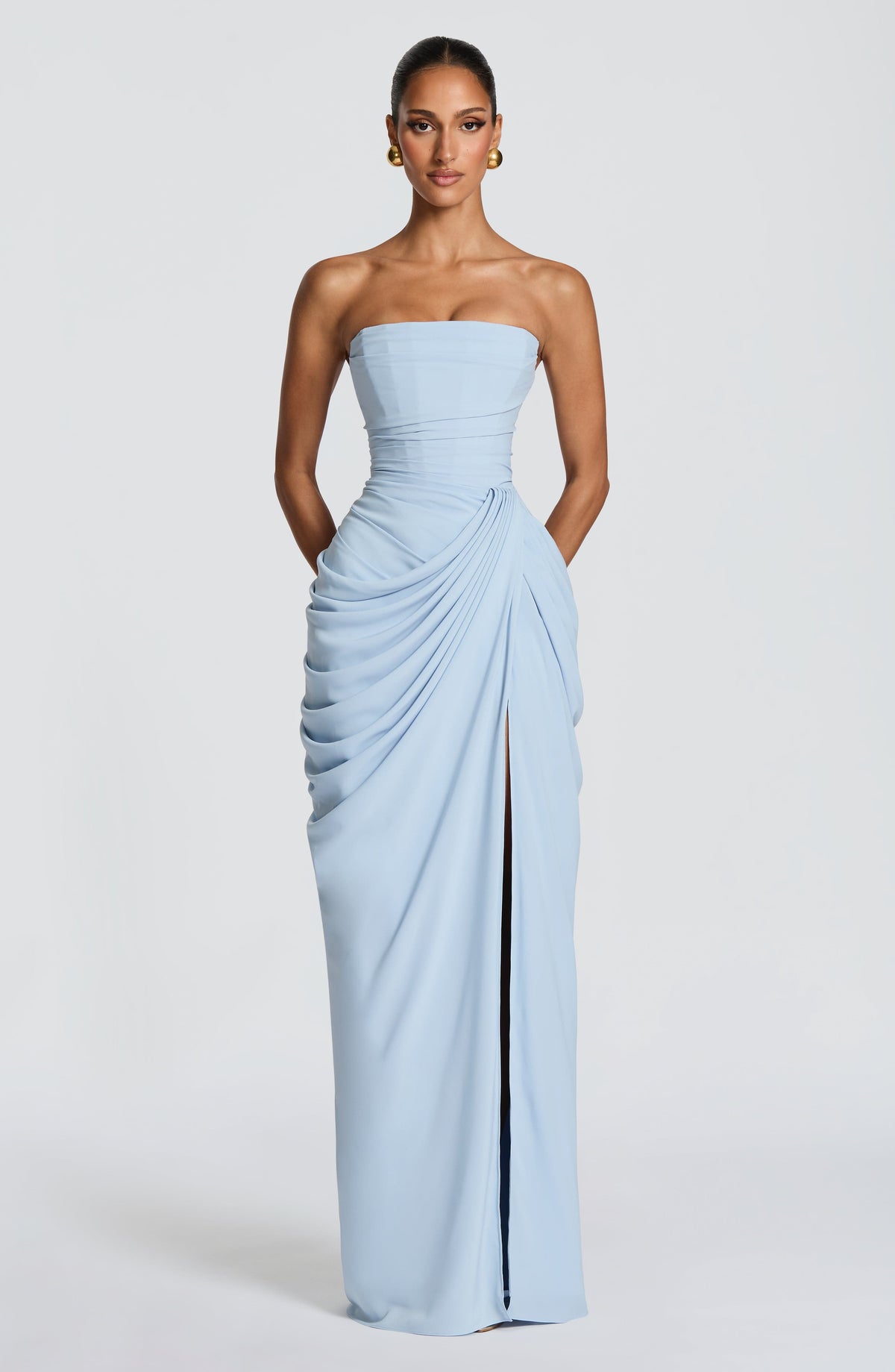 Women's Strapless Maxi Dress with High Slit and Draped Detail