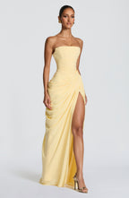 Women's Strapless Maxi Dress with High Slit and Draped Detail