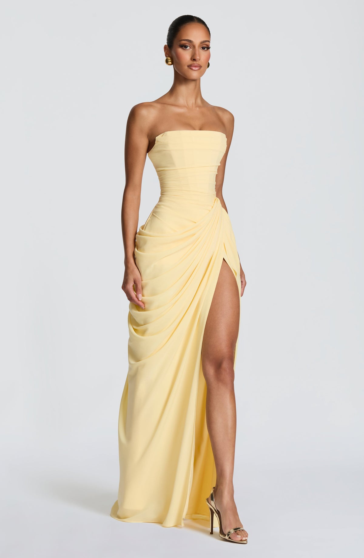 Women's Strapless Maxi Dress with High Slit and Draped Detail