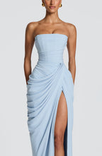 Women's Strapless Maxi Dress with High Slit and Draped Detail
