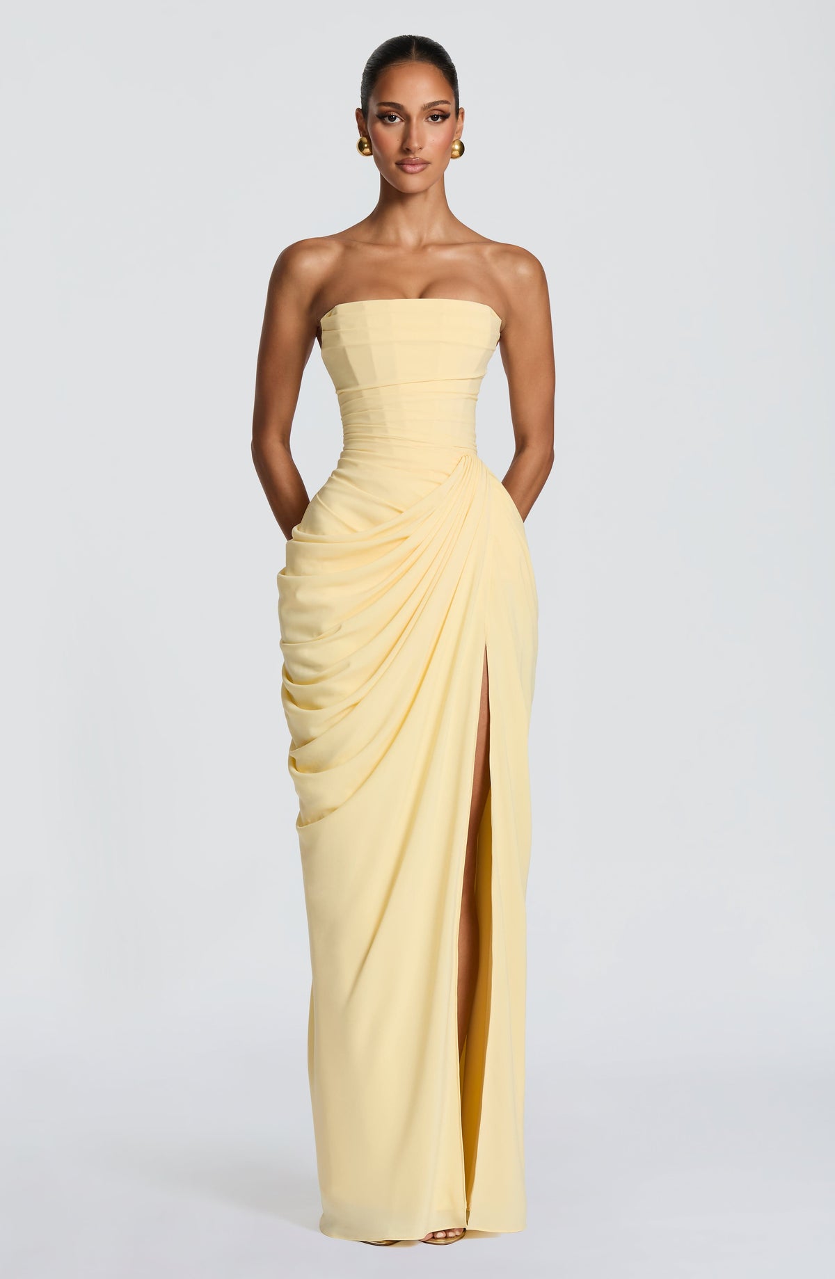 Women's Strapless Maxi Dress with High Slit and Draped Detail