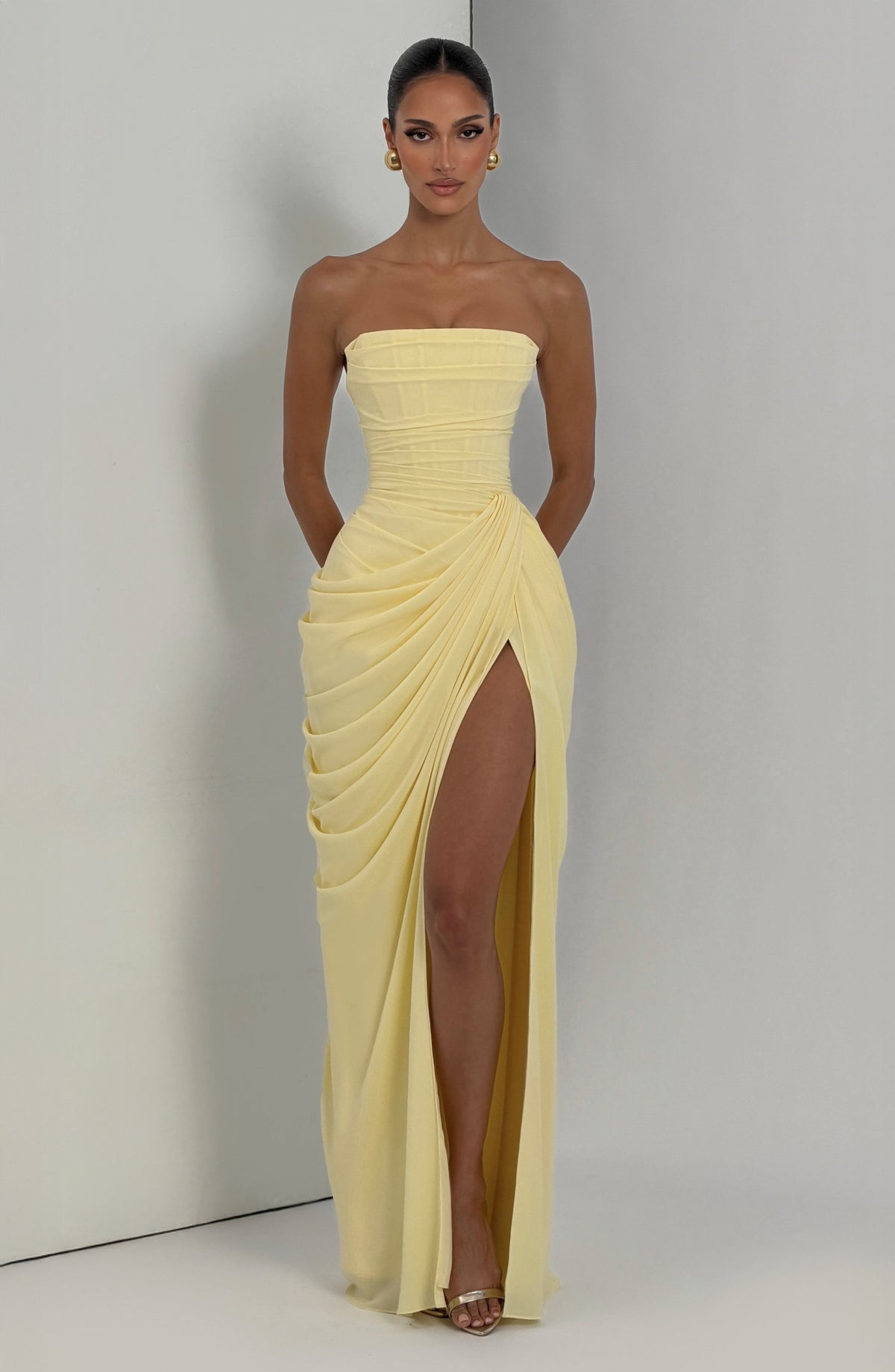 Women's Strapless Maxi Dress with High Slit and Draped Detail