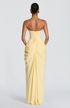 Women's Strapless Maxi Dress with High Slit and Draped Detail