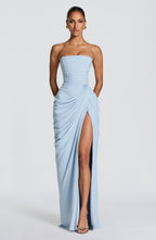 Women's Strapless Maxi Dress with High Slit and Draped Detail