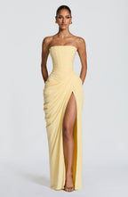 Women's Strapless Maxi Dress with High Slit and Draped Detail