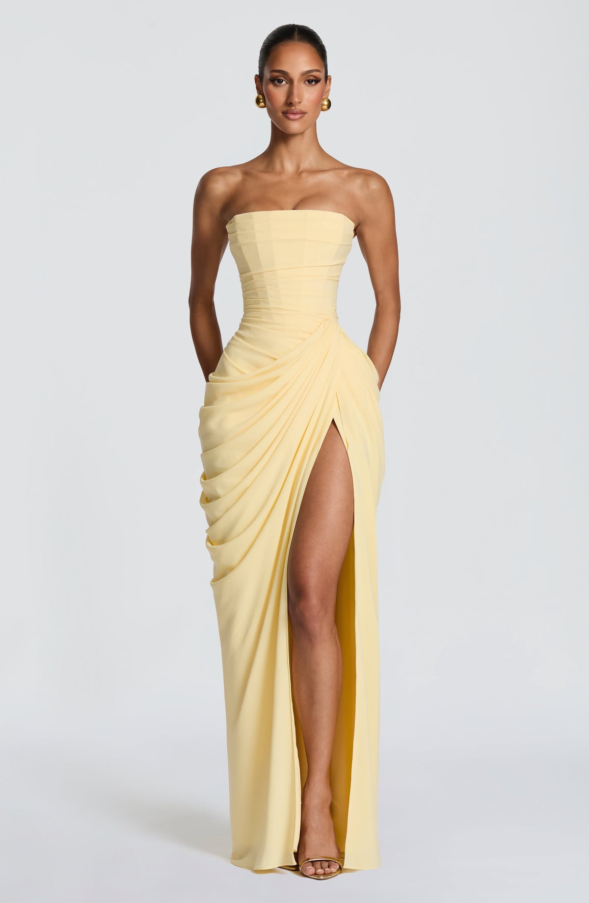 Women's Strapless Maxi Dress with High Slit and Draped Detail