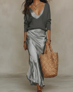 Women's V-Neck Maxi Slip Dress with Open Back and Fine Straps