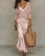 Women's V-Neck Maxi Slip Dress with Open Back and Fine Straps