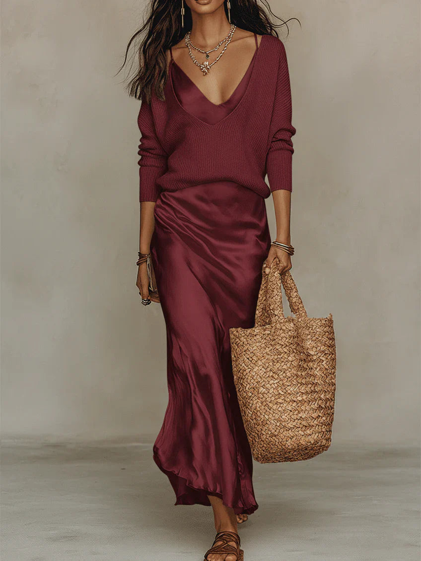 Women's V-Neck Maxi Slip Dress with Open Back and Fine Straps