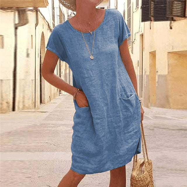 Women's Relaxed Midi Dress in Linen with Side Pockets