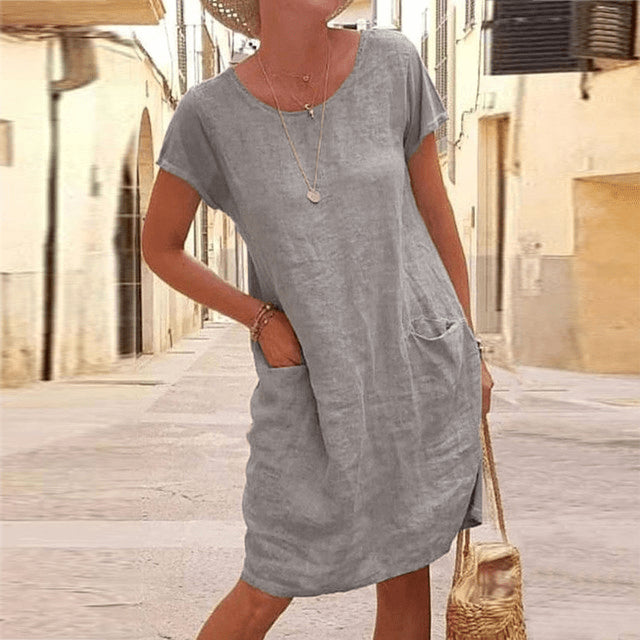 Women's Relaxed Midi Dress in Linen with Side Pockets