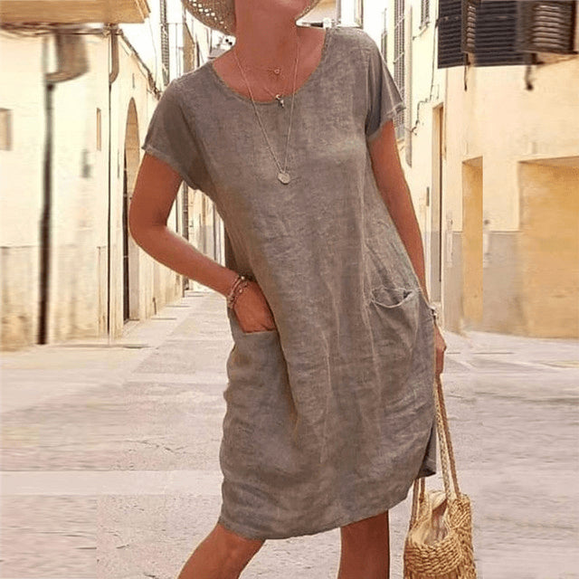 Women's Relaxed Midi Dress in Linen with Side Pockets