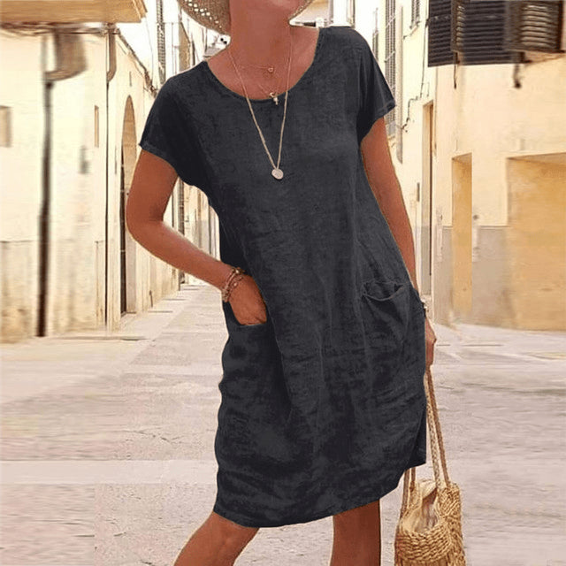 Women's Relaxed Midi Dress in Linen with Side Pockets