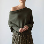 Top poncho asymétrique col bateau manches longues vert militaire pour femme