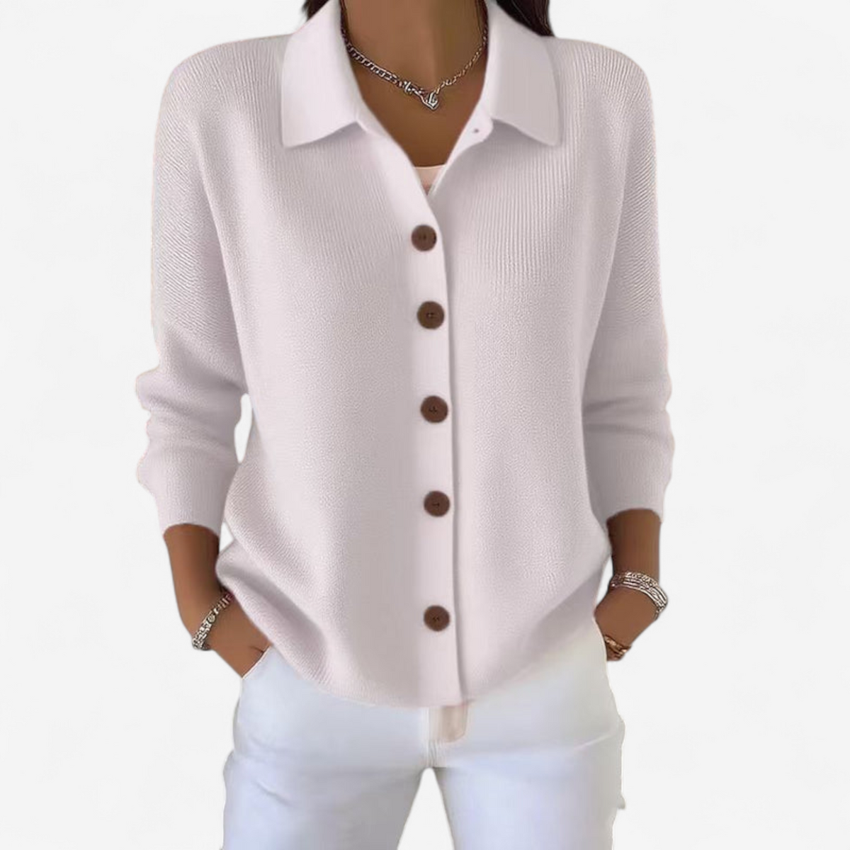 Veste boutonnée col chemise à côtes blanc pour femme
