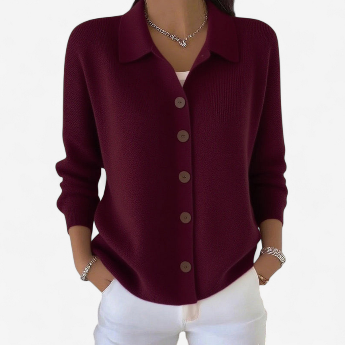 Veste boutonnée col chemise à côtes rouge pour femme