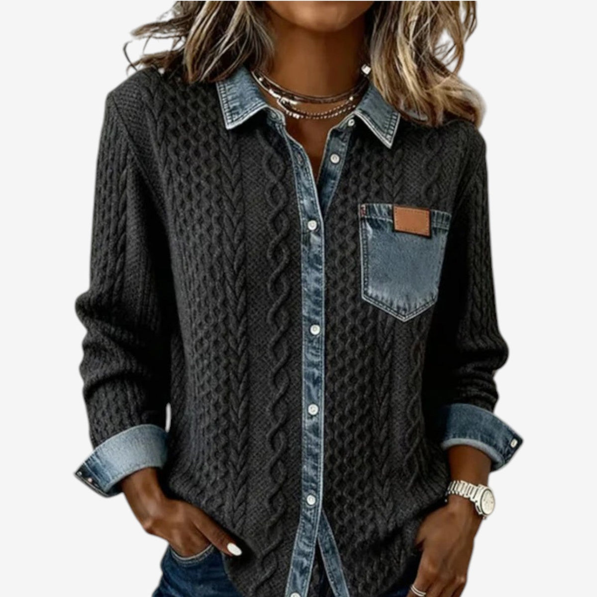Veste tressée détails contrastés gris foncé pour femme